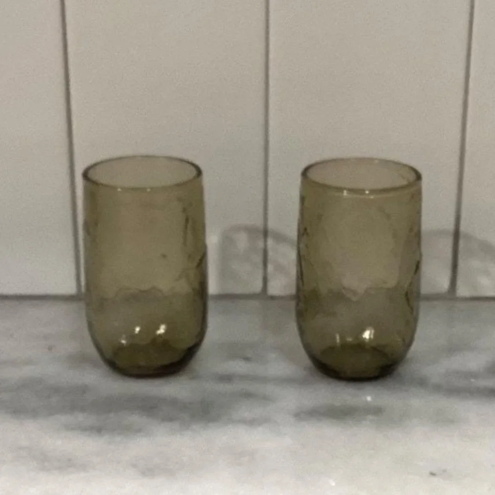 Anchor Hocking Sherwood Spicy Brown Glass Shooters, Set of 2 Vintage Leaf Design